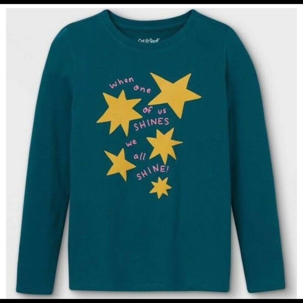 Cat & Jack Girls Dark Teal Stars “Shine” Long Sleeve T-Shirt, 2 Sizes Available